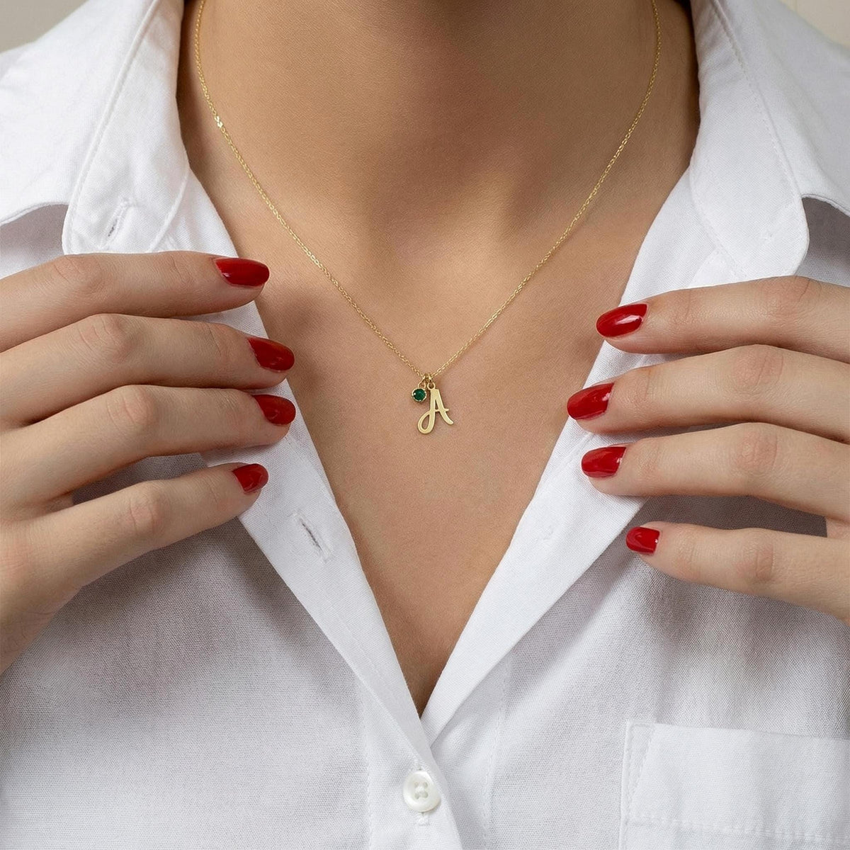 14K Solid Gold Birthstone Initial Necklace – Personalized Charm, gallery view 4 of 10