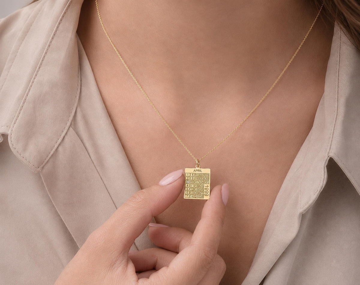 14K Solid Gold Calendar Pendant – Personalized Date Necklace, gallery view 2 of 10