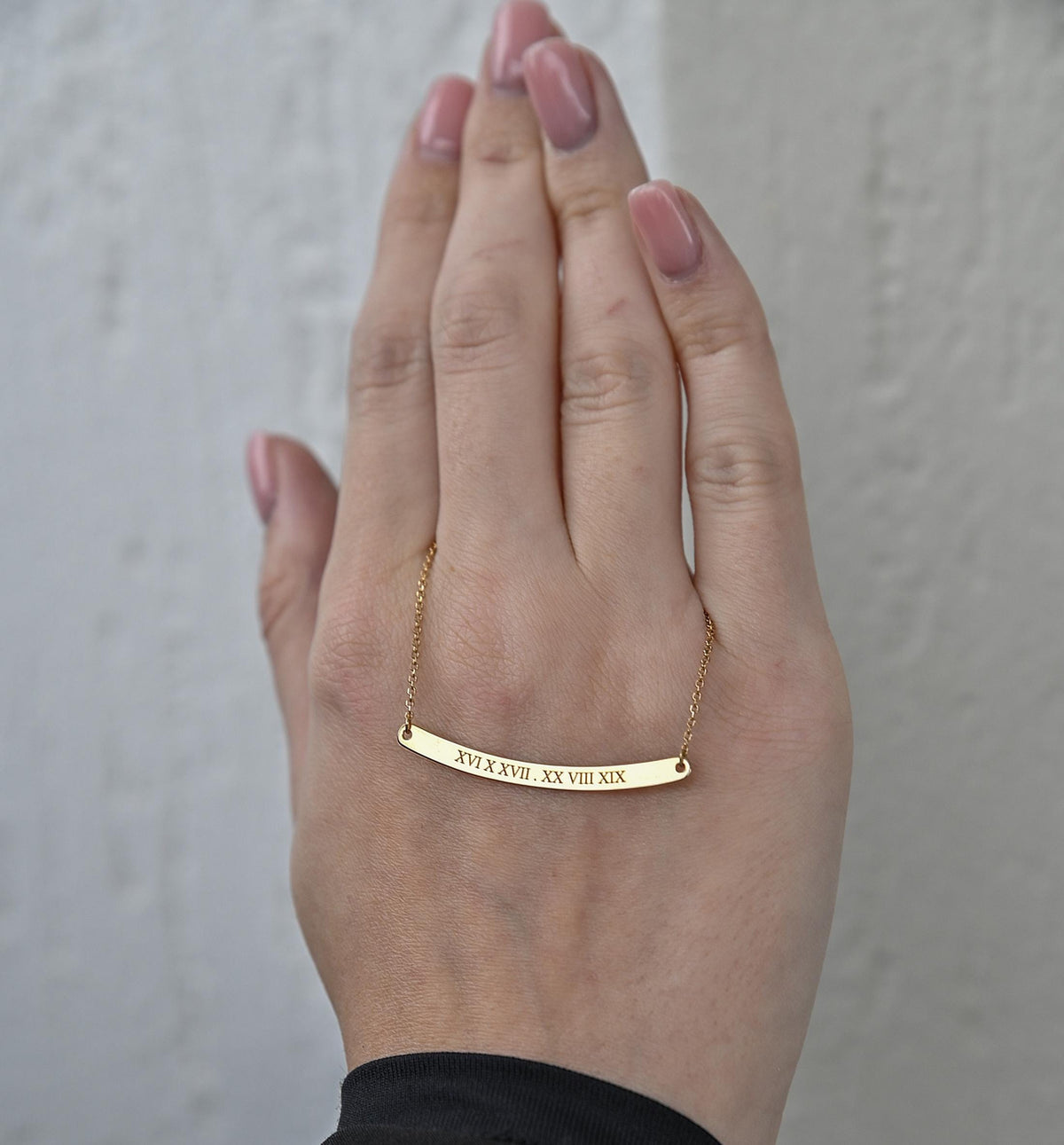 14K Solid Gold Curved Bar Necklace – Personalized Name with Coordinates, gallery view 4 of 10