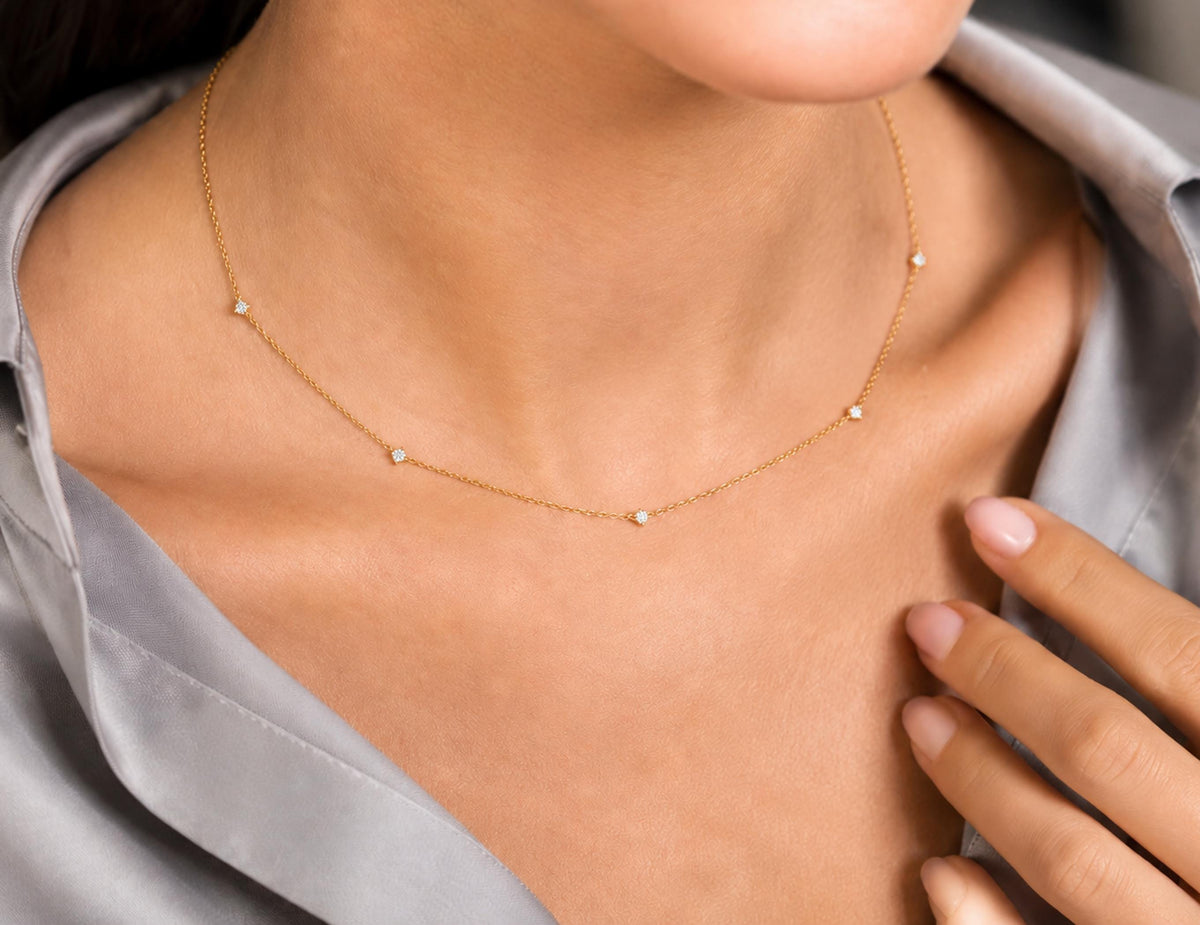 14K solid gold lab-grown diamond station necklace, gallery view 2 of 10